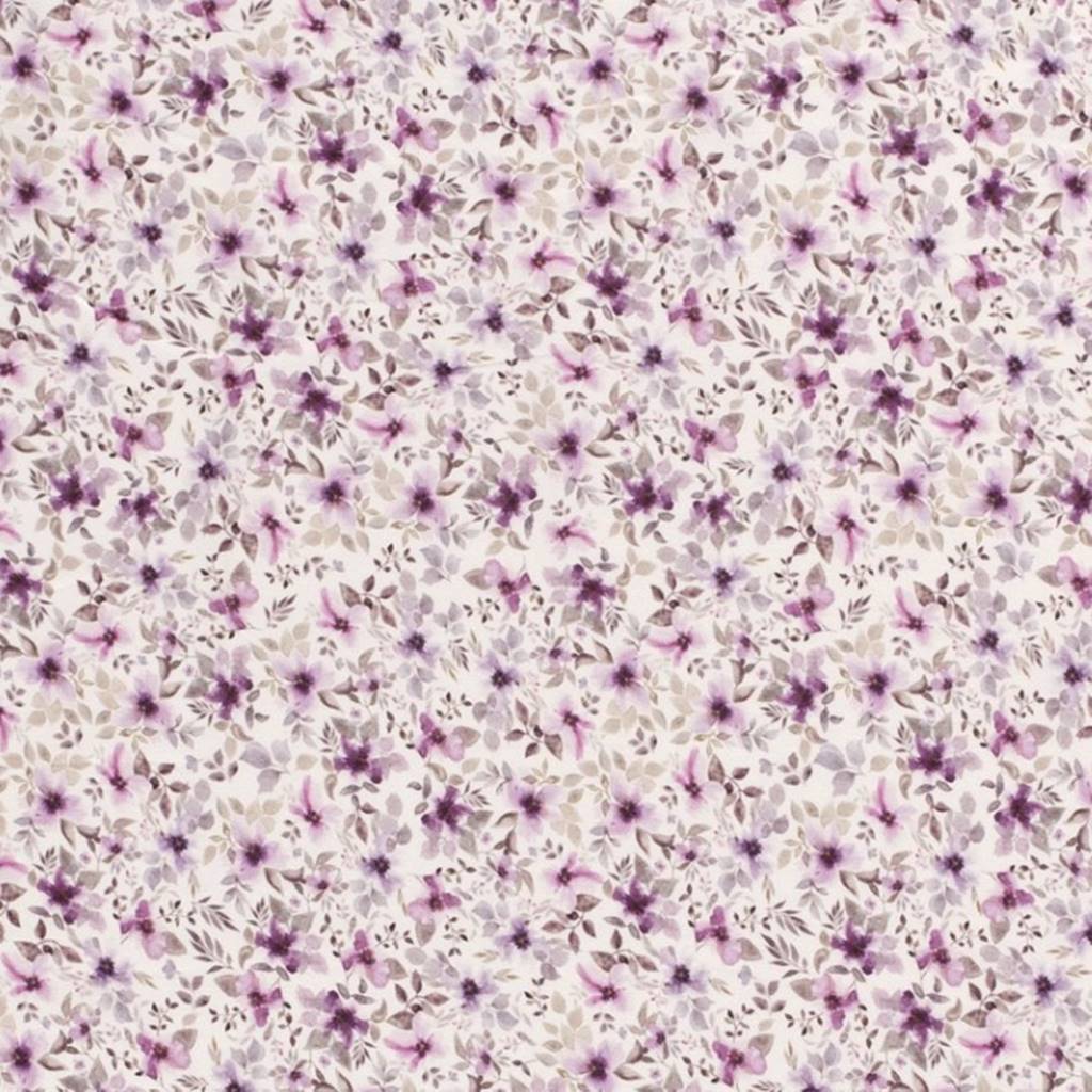 Baumwolljersey - Motivjersey - Digitaldruck - Kleine Blüten in Lilatönen auf Ecru Stoffrest 95cm
