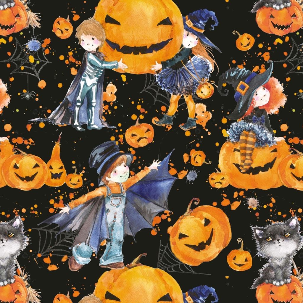 Baumwolljersey - Jersey Stoff - Motivjersey - Halloween - Hexen und Kürbisse auf Schwarz