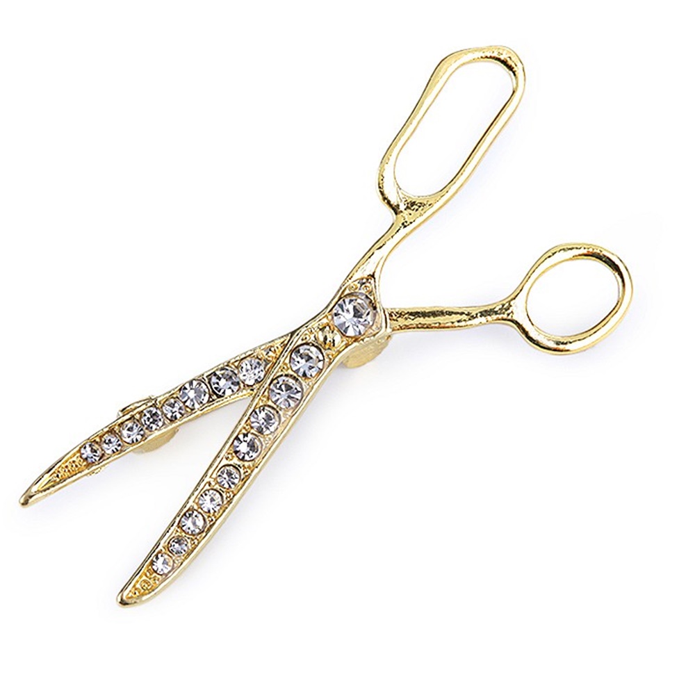 Brosche - Schere - Gold - Modeschmuck - Mit Glitzersteinen 