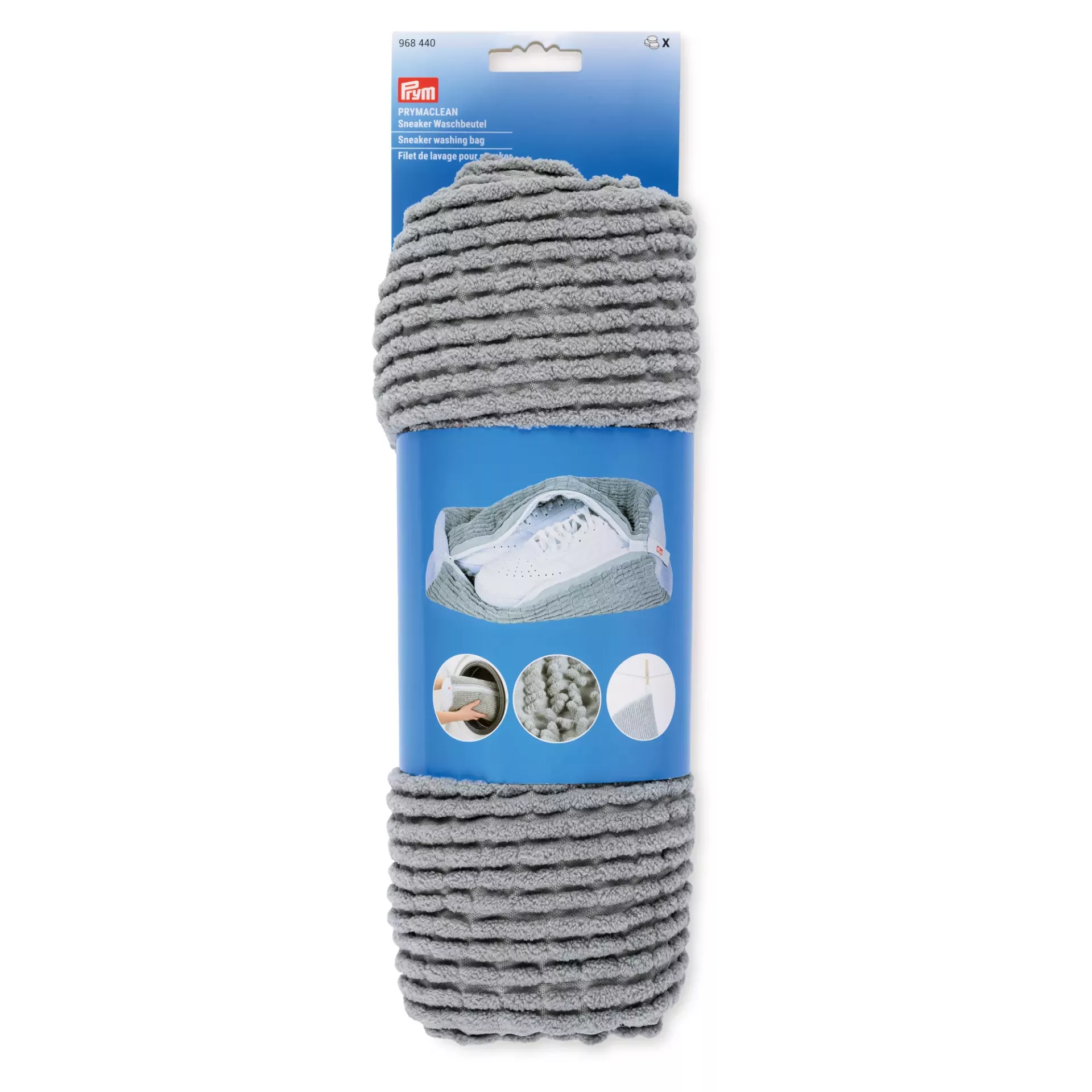 Prymaclean Sneaker Waschbeutel von Prym in Grau mit weicher Chenille-Oberfläche zum schonenden Waschen von Schuhen in der Waschmaschine.