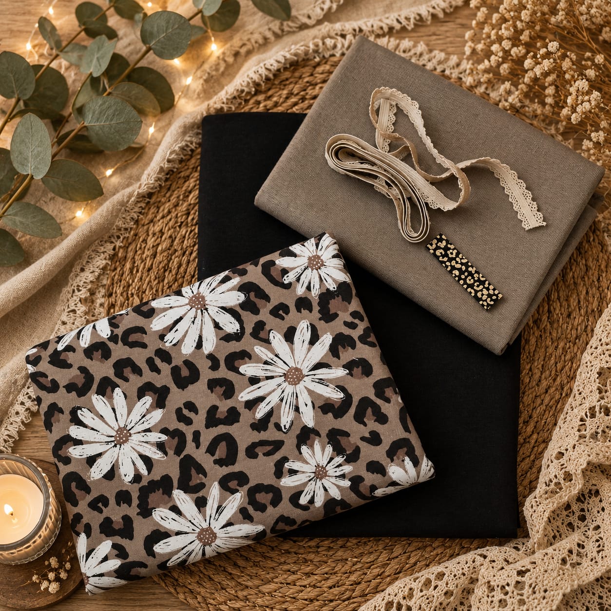 Limitierte Näh-Box mit dem Eigendesign Leoblume auf Motivjersey, passendem Kombi-Jersey, Bündchen, elastischer Spitze und Kunstlederlabel