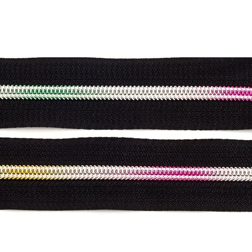 Endlosreißverschluss ohne Schieber - Meterware - 6mm - Metallic - Schwarz - Multicolor - Regenbogenfarben