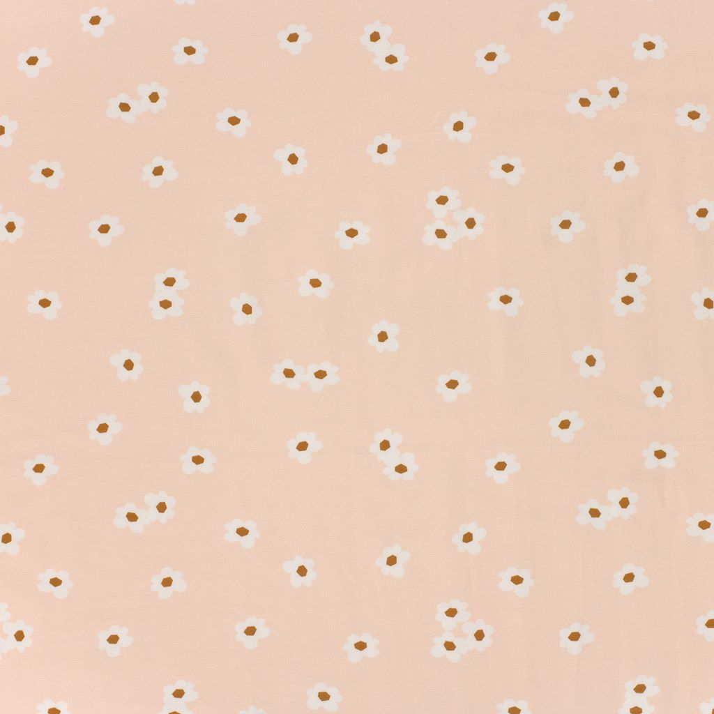 Zarter Motivjersey mit filigranen Blümchen auf apricotfarbenem Grund, hochwertiger Digitaldruck, 95% Baumwolle, 5% Elasthan, weich & elastisch für sommerliche Nähprojekte