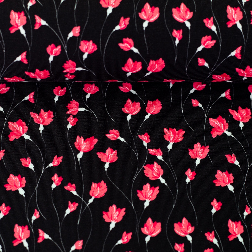 Motivjersey Swafing Leska Blumen Rot auf Schwarz – Elastischer Baumwolljersey mit filigranen roten Blümchen auf schwarzem Grund.