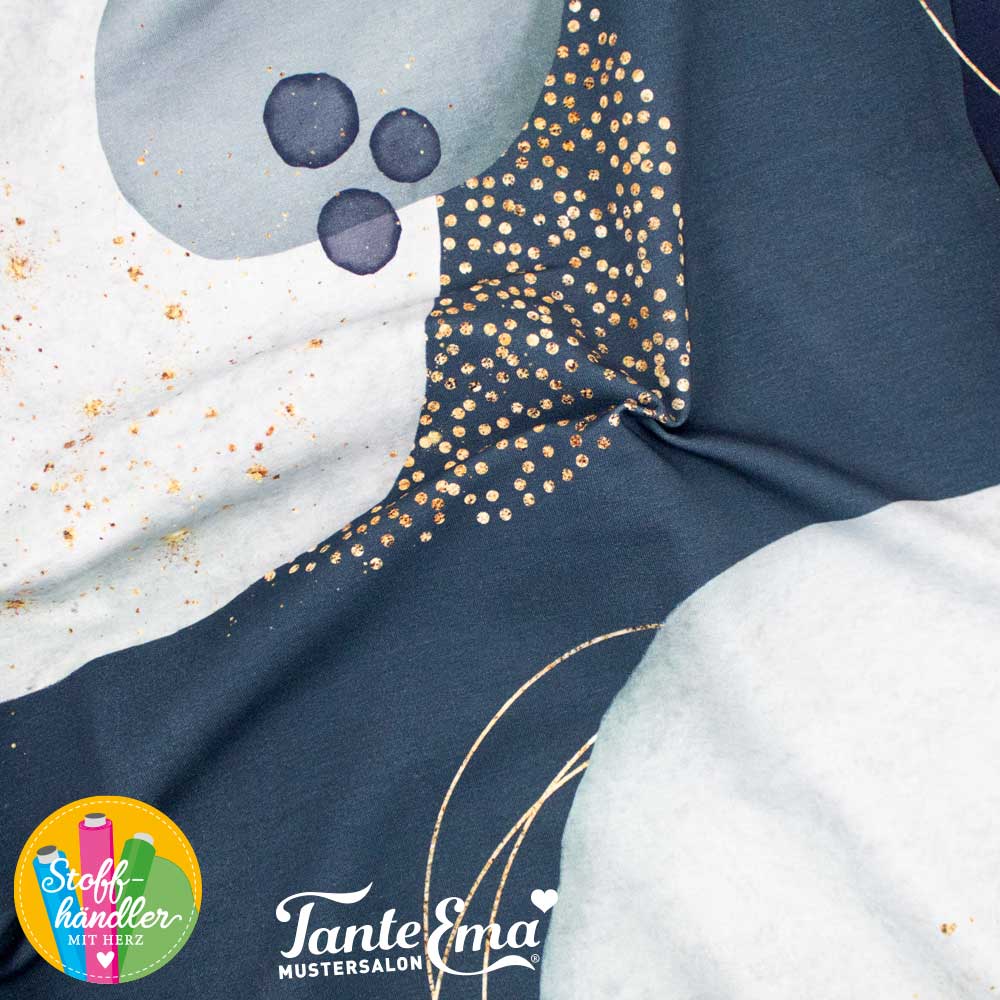 Baumwolljersey - Motivjersey - Tante Ema - Digitaldruck - Kreise und Punkte - Gold/ Anthrazit