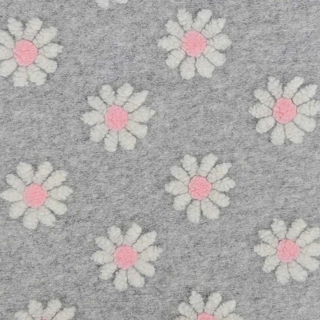 Jacquardjersey Grau mit flauschigen 3D-Blumen in Weiß und Rosa – Weicher, gewirkter Jersey mit erhabenem Blumenmuster.