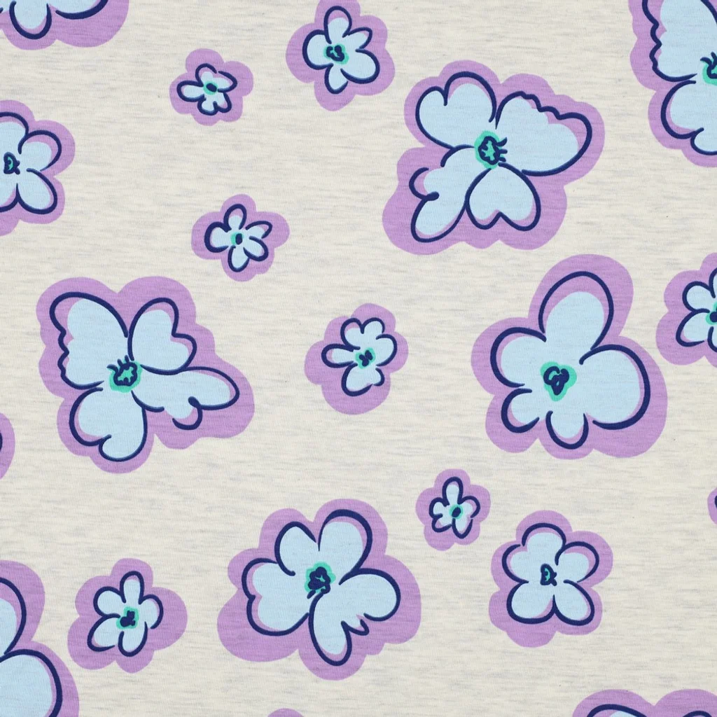 Hochwertiger Motivjersey mit bunten Blumen auf ecrufarbenem Melange-Grund, elastischer Baumwollmix, 200g/m², blickdichter Jersey für Shirts und Kleider
