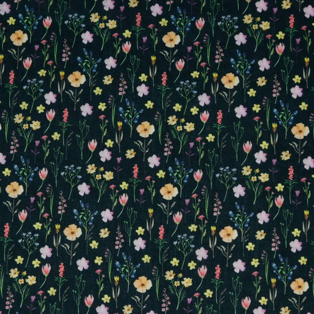 Webware - Baumwoll Stoff - Popeline - Frühlingsblumen auf Schwarz