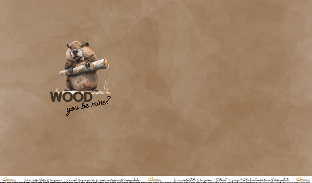 Schnuckidu Eigendesign French Terry Panel Wood you be mine mit einem niedlichen Biber, der einen Baumstamm hält, auf warmem braunem Aquarell-Marmor-Hintergrund.