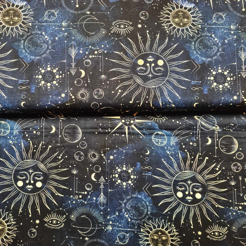 Webware - Baumwoll Stoff - Patchwork - Planeten auf Dunkelblau