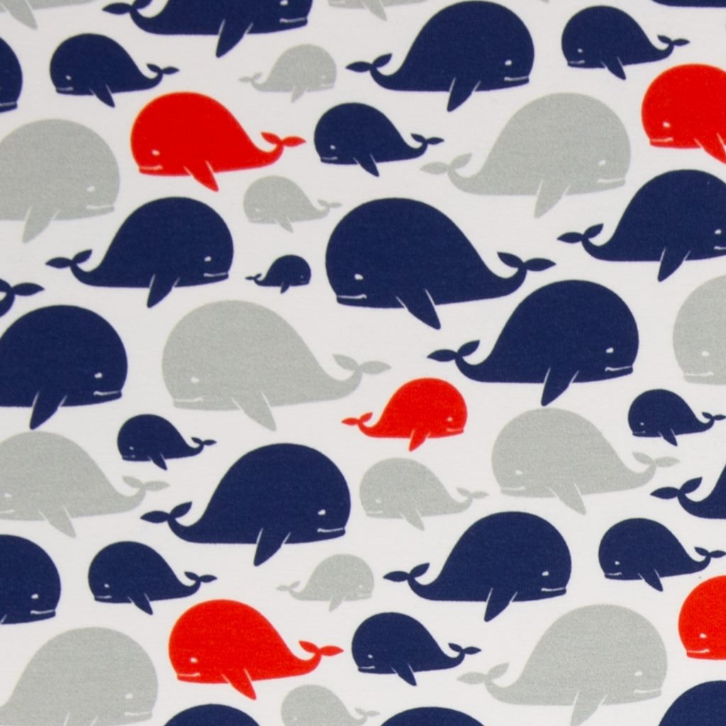 Motivjersey - Baumwolljersey - Digitaldruck - Swafing - Thilo - Maritim - Wale in Navy, Grau und Rot auf Weiß