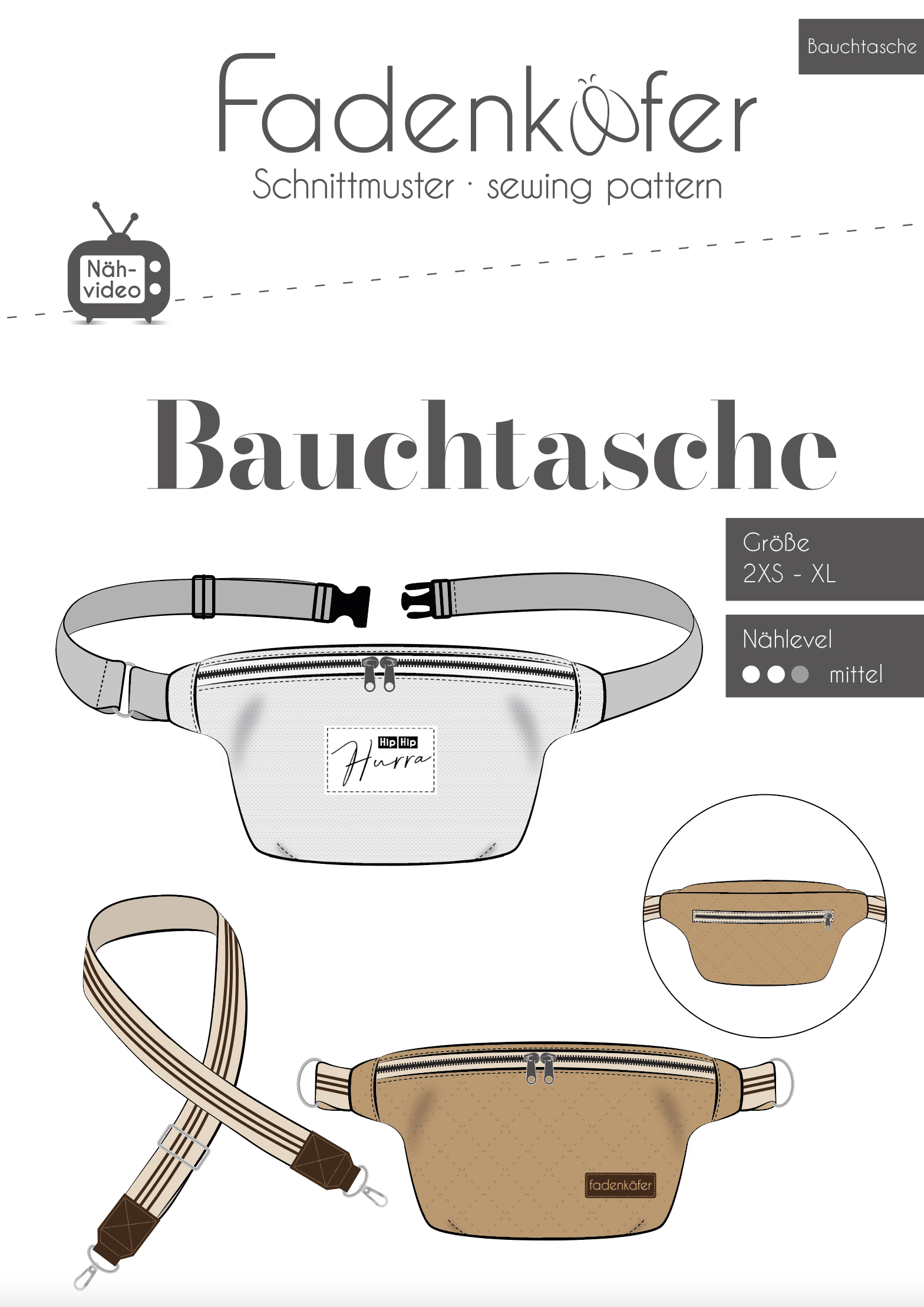 Papierschnittmuster für eine Bauchtasche von Fadenkäfer – Inklusive farbigem DinA0-Bogen und bebilderter Anleitung für eine moderne Hipbag in verschiedenen Größen.