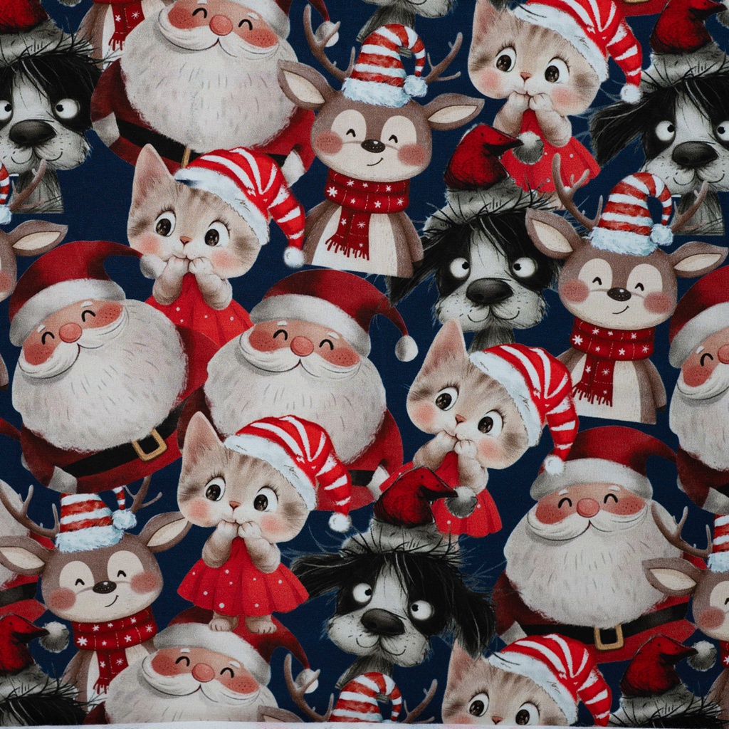 French Terry Digitaldruck Weihnachten Santa Animals – Sommersweat mit süßen Tieren mit Weihnachtsmützen.