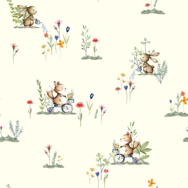 Baumwolljersey - Motivjersey - Digitaldruck -  Kleine Tiere und Frühlingsblüher auf Ecru