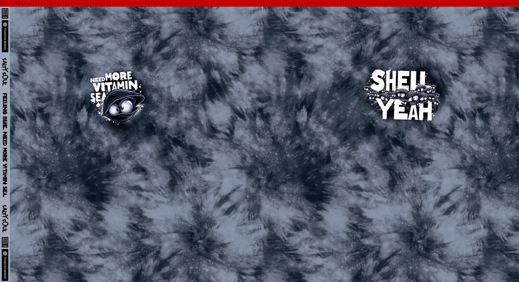 Baumwolljersey Panel "Mussel Mo" von Thorsten Berger – Muschel-Motiv auf coolem Batik-Hintergrund in Blau und Jeansblau, ca. 85x150cm, 95% Baumwolle, 5% Elasthan, Öko-Tex Standard 100