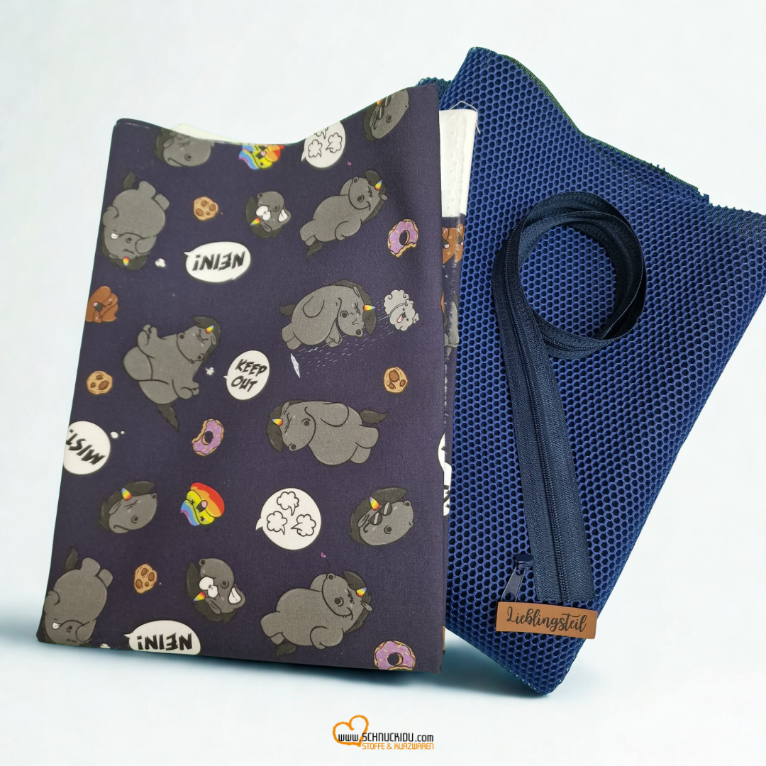 Taschenpaket Pummeleinhorn Grummel Blau mit Eigendesign Webware, Mesh, Reißverschluss und Label von Schnuckidu