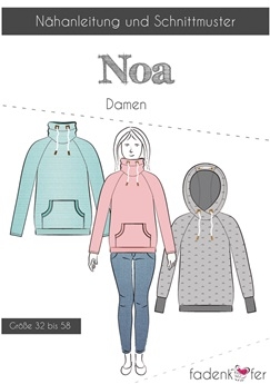 Papierschnittmuster Pullover Noa für Damen von Fadenkäfer – Inklusive farbigem DinA0-Bogen und bebilderter Anleitung für die Größen 32 bis 58. Vielseitiger Basic-Schnitt für verschiedene Ausschnittvarianten.