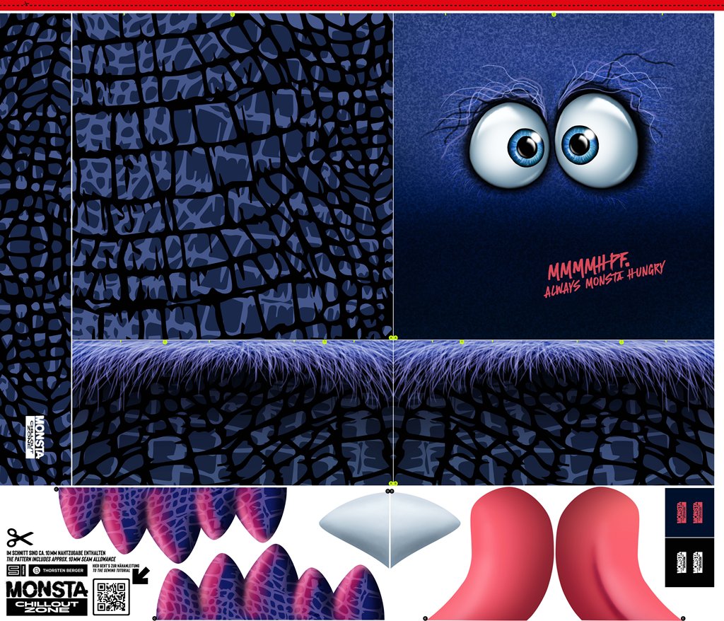 Swafing Samt Kissen-Panel Monsta Pillows by Thorsten Berger, verschiedene Monster-Motive für Kissen in Blau, 100% Polyester, hochwertiger Samt, Vorbestellung