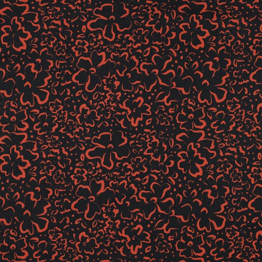 Hochwertige Baumwoll-Popeline Webware mit kontrastreichem Wildblumen-Motiv in Orange und Schwarz, 100% Baumwolle, glatt & formstabil, ideal für herbstliche Kleidung, Dekoration und Accessoires