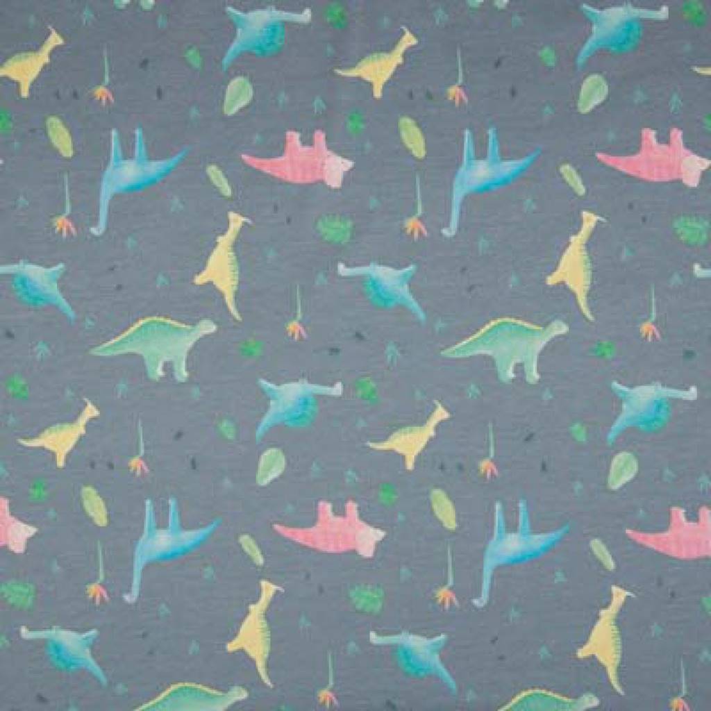 Baumwolljersey - Jersey Stoff - Motivjersey - Dinosaurier in bunten Farben auf Dusty Blue