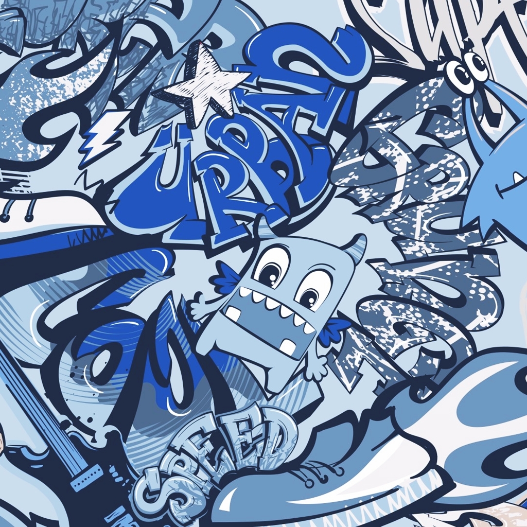 French Terry - Sommersweat - Motiv - Graffiti mit Monster in Blautöne