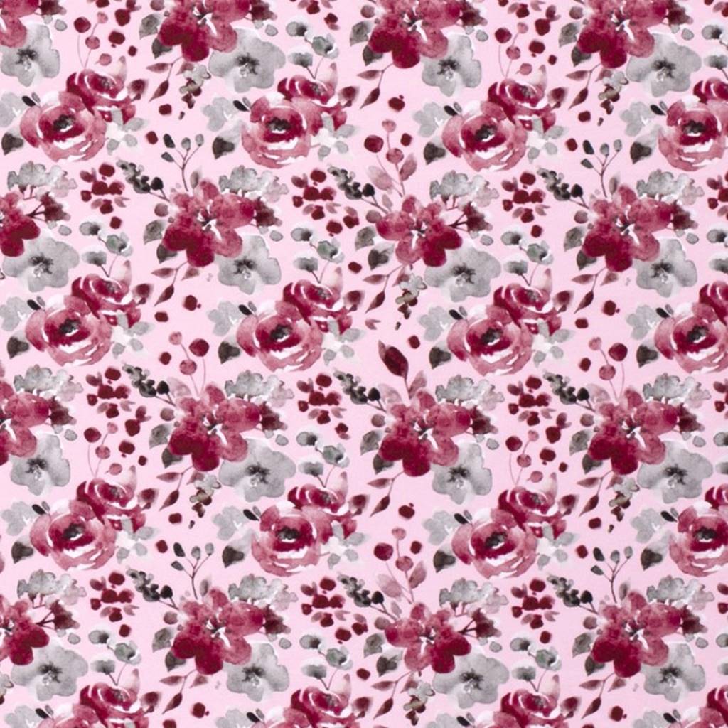 Baumwolljersey - Jersey Stoff - Motivjersey - Digitaldruck - Rosen in Bordeaux auf Rosa