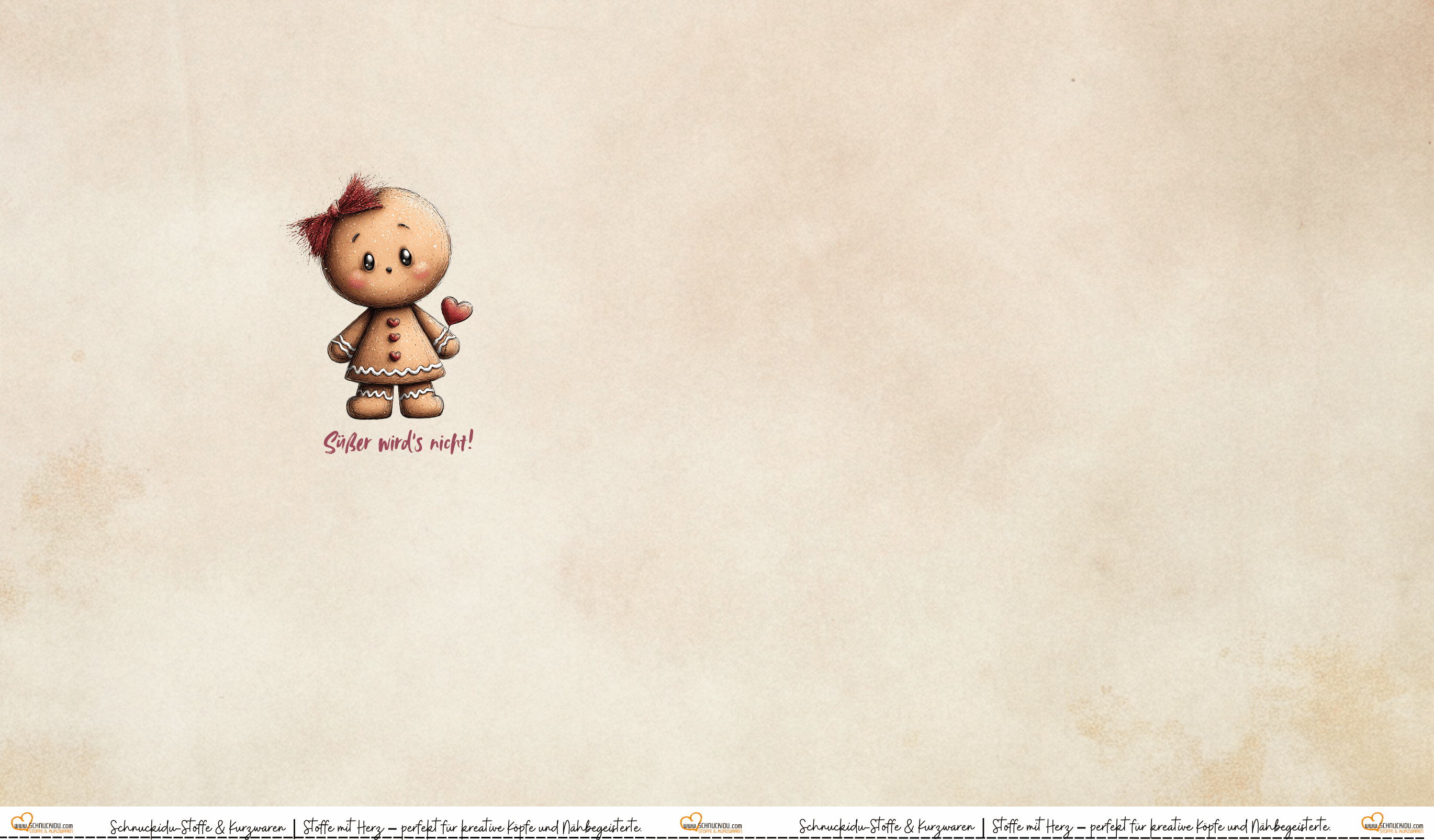Schnuckidu Eigendesign French Terry Panel Süßer wirds nicht mit niedlichem Lebkuchenmädchen mit Schleife und Herz-Lolli auf beige-marmoriertem Hintergrund.