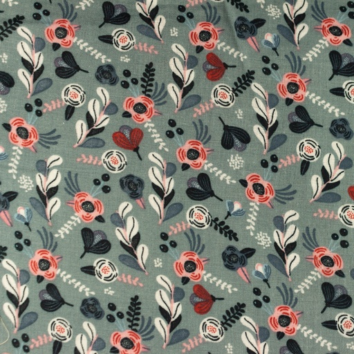 Musselin Stoff - Double Gauze - Mullstoff - Blumen mit Blätter auf Altblau - Reststück 140cm x 140cm 