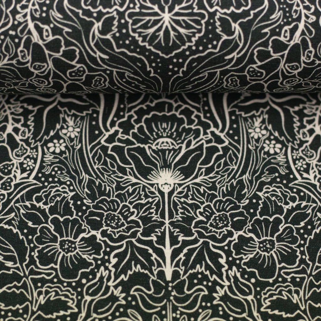 Hochwertiger Swafing Baumwolljersey Autumn Damask von Bienvenido Colorido mit feinem floralen Linienmuster in Weiß auf schwarzem Grund