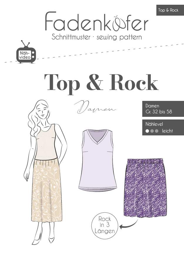 Fadenkäfer Papierschnittmuster Kombi-Set für Damen Top und Rock in den Größen 32-58, mit Rundhals- oder V-Ausschnitt und drei Rocklängen.