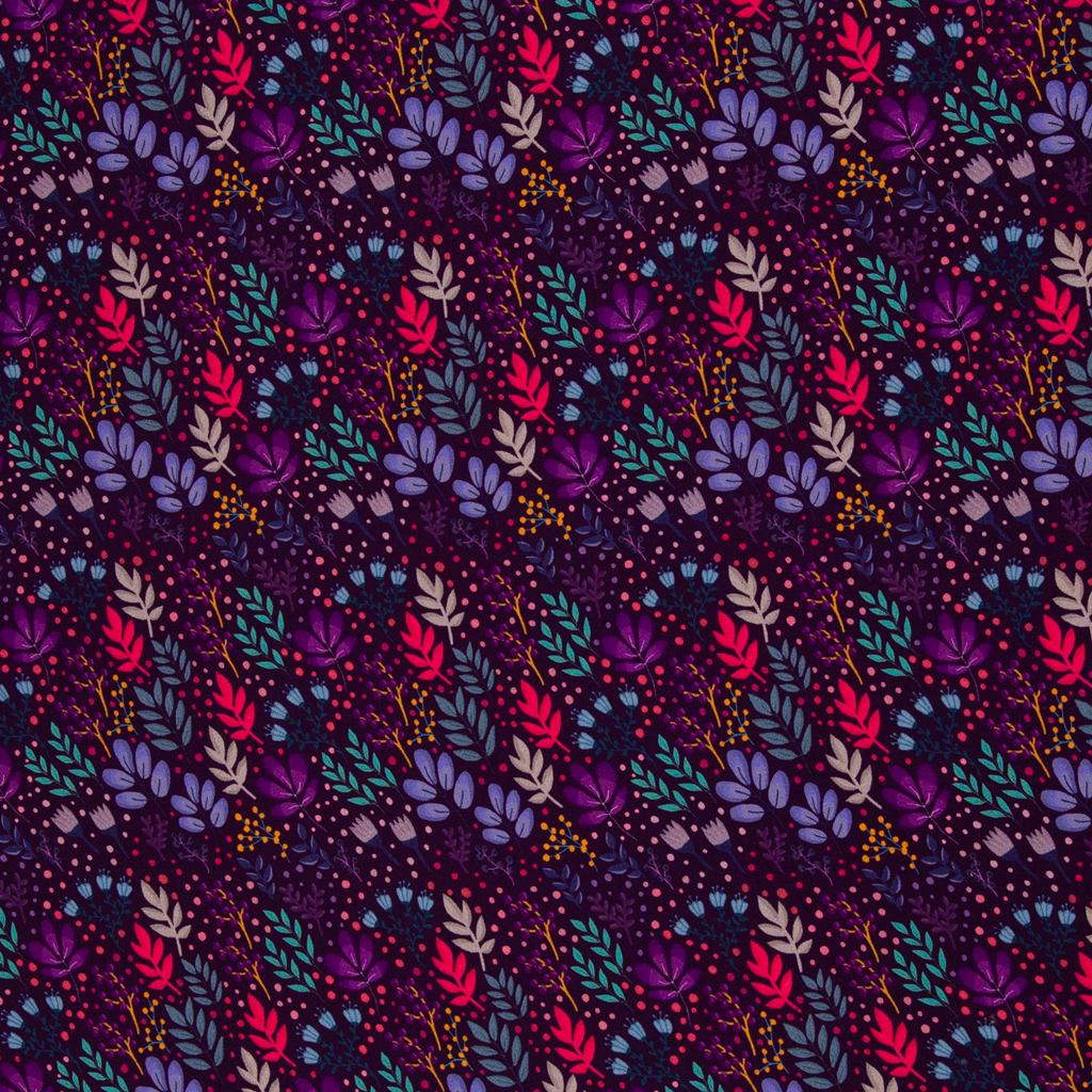 Swafing Viskosewebware Wildflowers by Emjo Design mit buntem Wiesenblumenmuster auf dunkelviolettem Hintergrund.