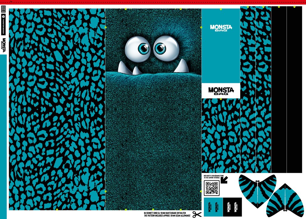 Swafing Samt Taschen-Panel Monsta Bags by Thorsten Berger, cooles Monster-Design in Petrol, 100% Polyester, robustes Material für Taschen, Vorbestellung