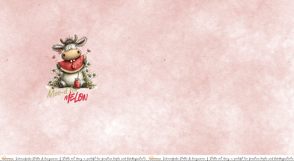 Jersey-Panel mit Kuh-Motiv, Wassermelone und Gänseblümchen, Text "Moo-d for Melon", Snack Attack Kollektion von Schnuckidu