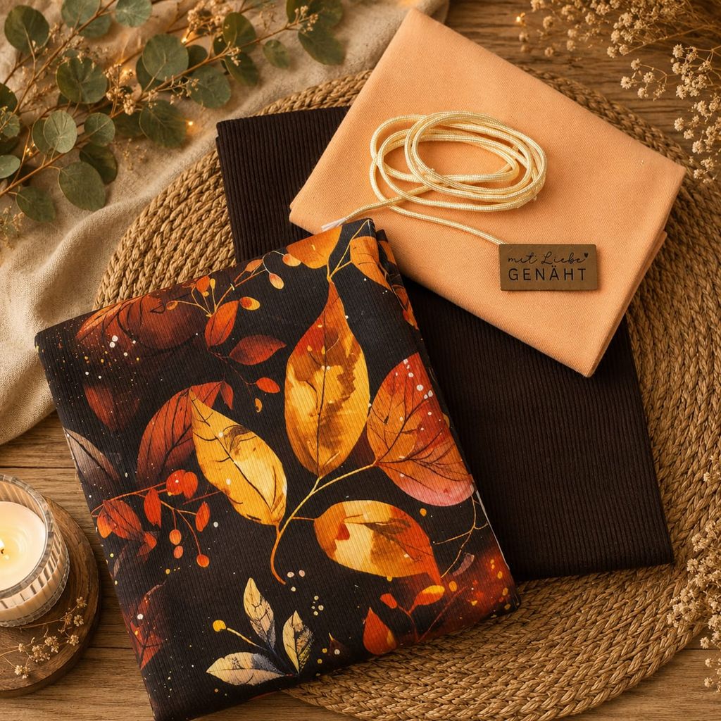 Limitierte Näh-Box mit dem Eigendesign Autumn Glow auf Ribjersey, passendem Waffeljersey, Bündchen, dünner Kordel und Kunstlederlabel.