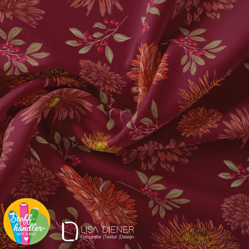 Baumwolljersey - Motivjersey - Lisa Diener - Digitaldruck - Große Blüten auf Bordeaux