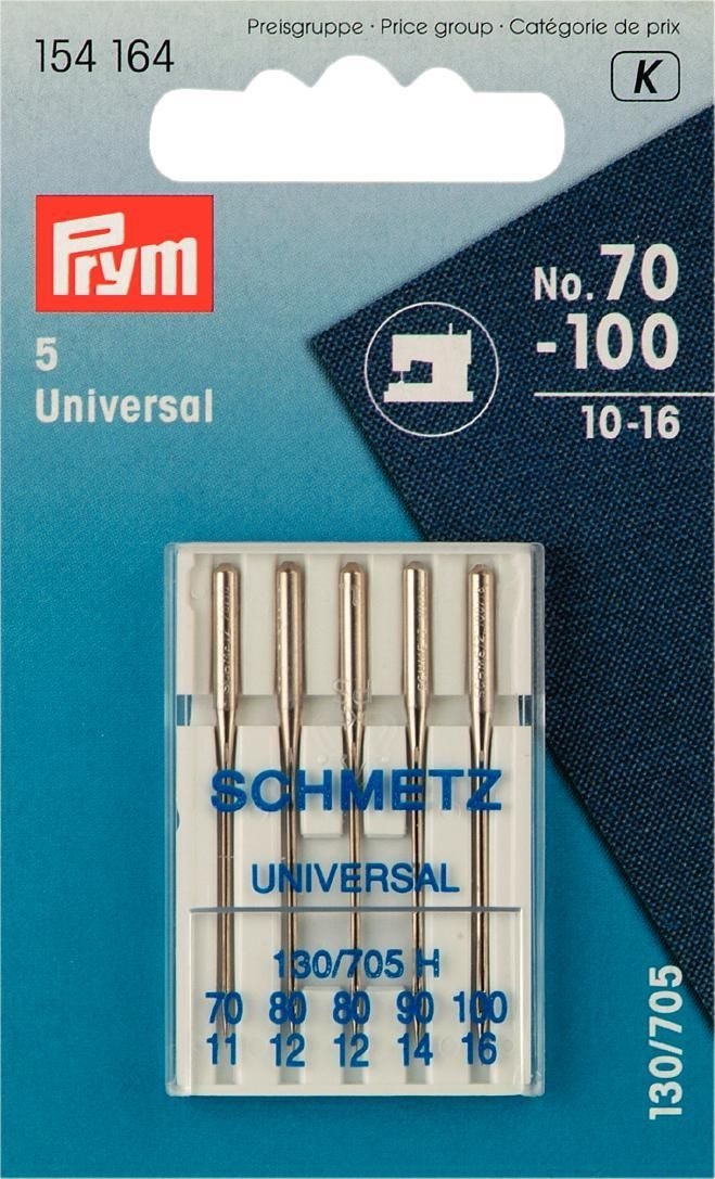Prym Universal-Nähmaschinennadeln 130/705 (Art. 154164) – 10er Set in den Stärken 70, 80, 90 und 100. Hochwertige Flachkolbennadeln für alle gängigen Webstoffe und Haushaltsnähmaschinen.
