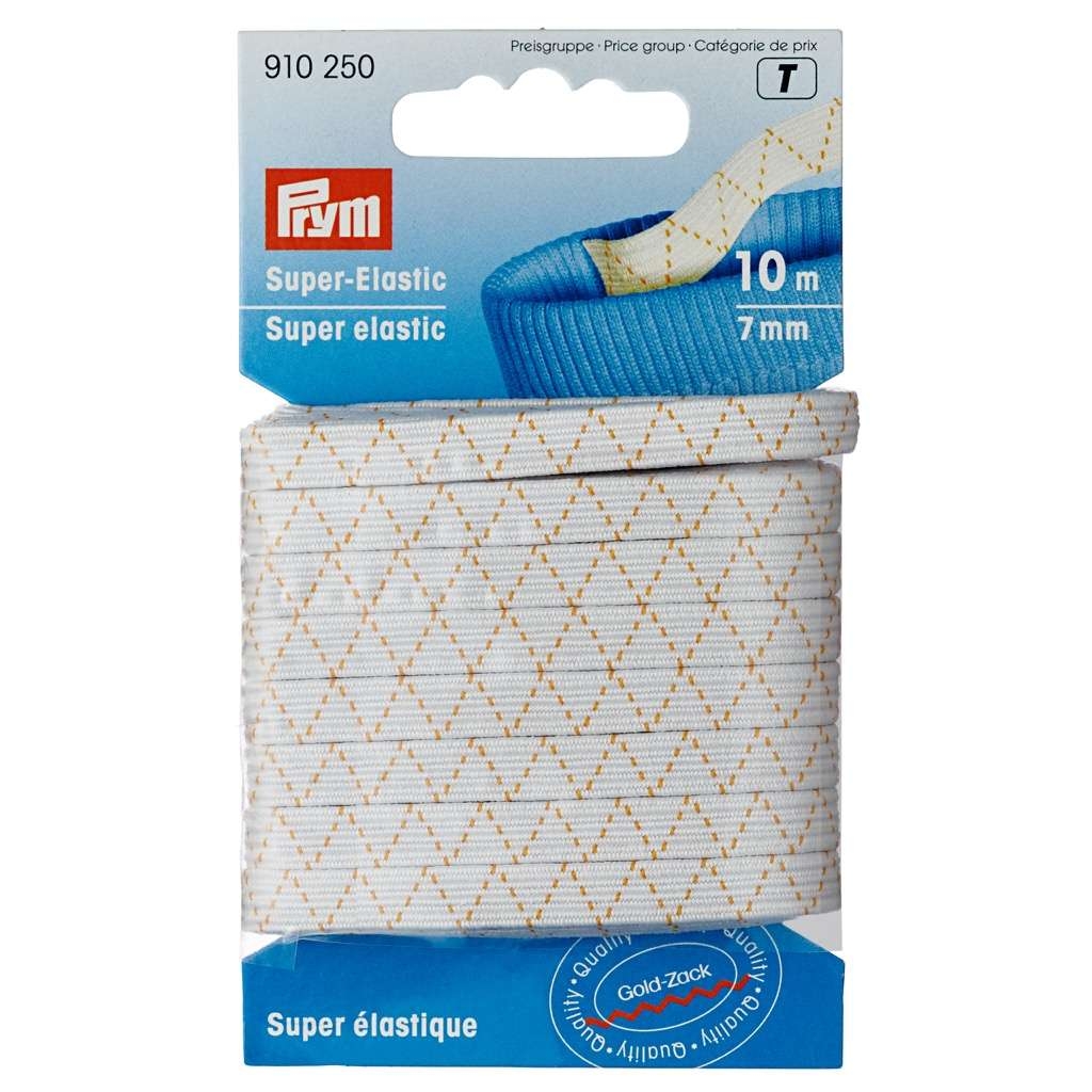 Prym Super-Elastic Gummiband in Weiß, 7 mm breit, 10 Meter Karte (Art. 910250) – Hochwertige Gummilitze für weiche, elastische Abschlüsse an Kleidung und Heimtextilien.