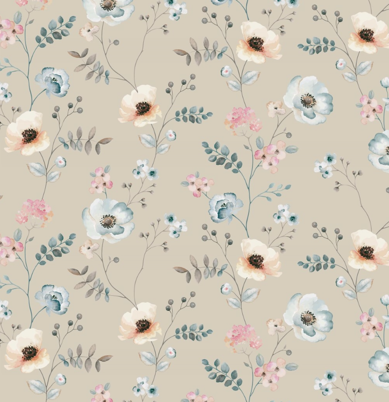 Popeline - Baumwollstoff  - Webware - Digitaldruck - Blumen in Aquarelldesign auf Beige