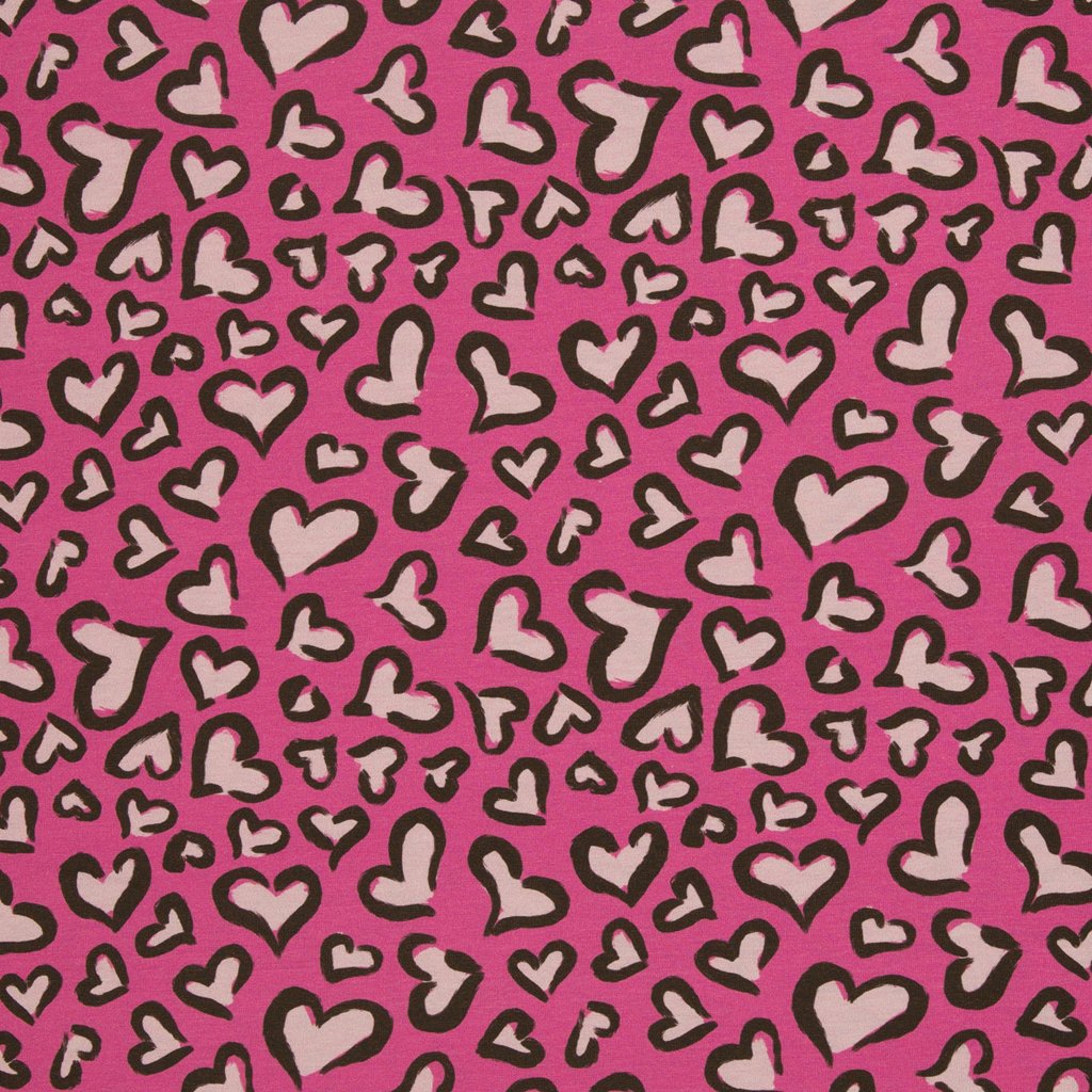 Hochwertiger French Terry "Hearts" von Christiane Zielinski für Swafing, liebevolles Herz-Muster in Weiß auf kräftigem Pink, 95% Baumwolle & 5% Elasthan, Öko-Tex Standard 100