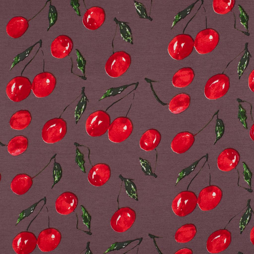 French Terry - Sommersweat - Digitaldruck - Kirschen auf Mauve