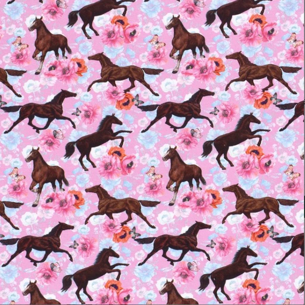 French Terry - Sommersweat Stoff - Digitaldruck - Pferde auf Rosa