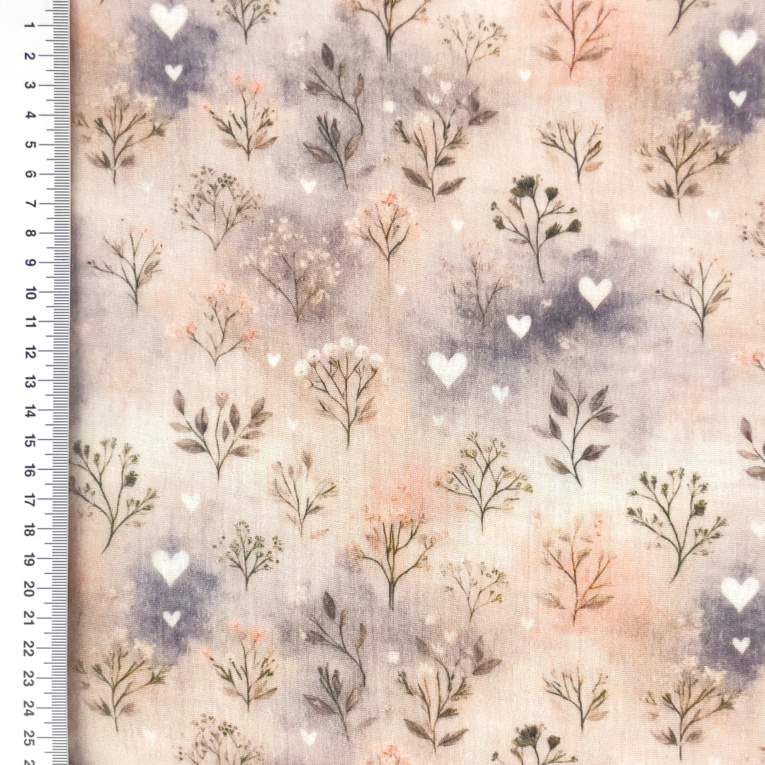 Musselin Stoff mit Herzen und Zweigen botanisches Muster Double Gauze Baumwolle