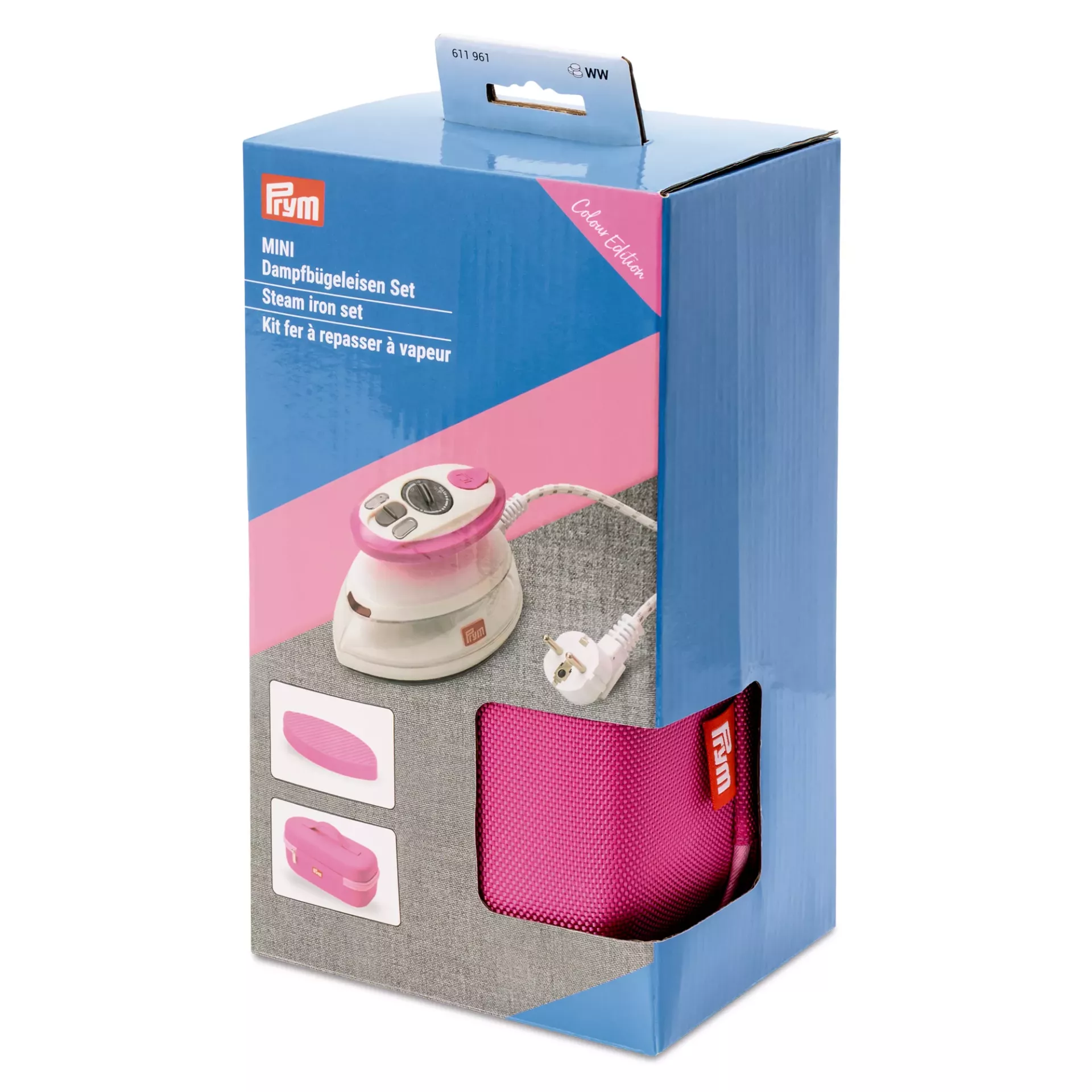 Prym Mini-Dampfbügeleisen Set in Pink (Artikelnummer 611961) mit Silikonablage und stabilem Transport-Case für Näharbeiten, Patchwork und Reisen.