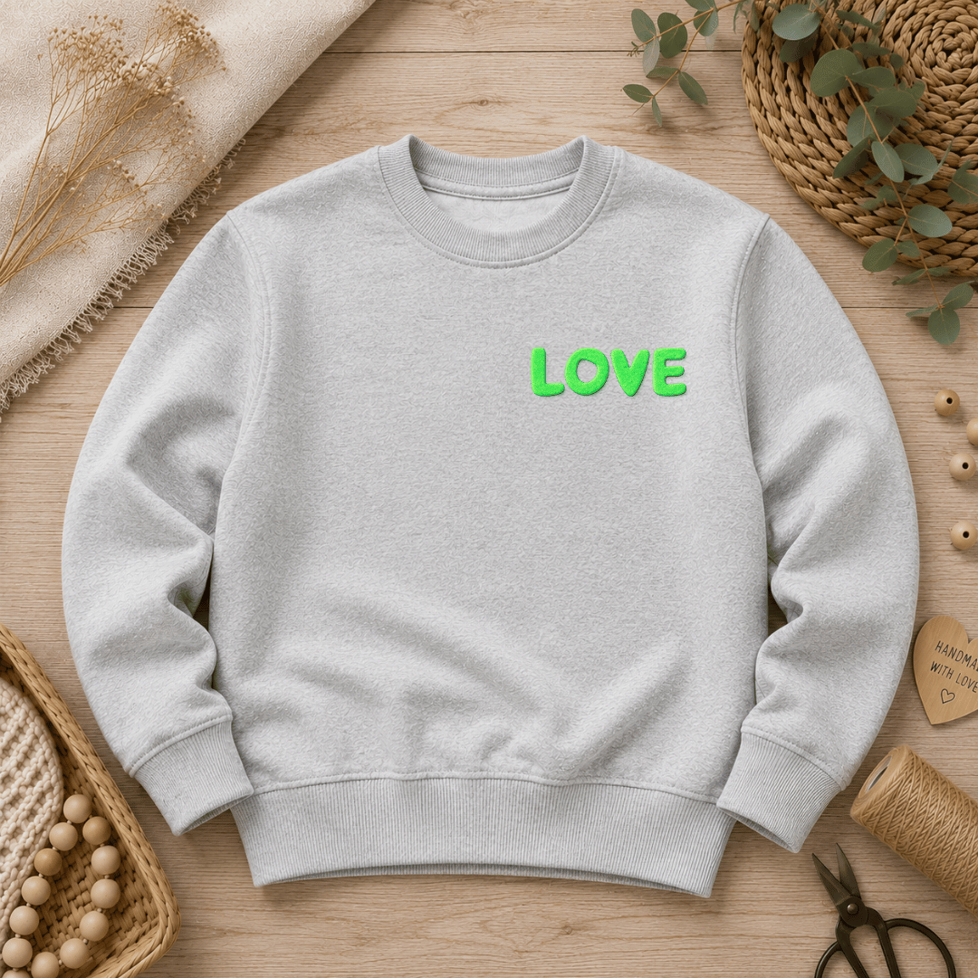 Flauschiges Flock-Patch mit dem Schriftzug LOVE in Neon-Grün aufgebügelt auf der Brust eines grauen Sweatshirts.