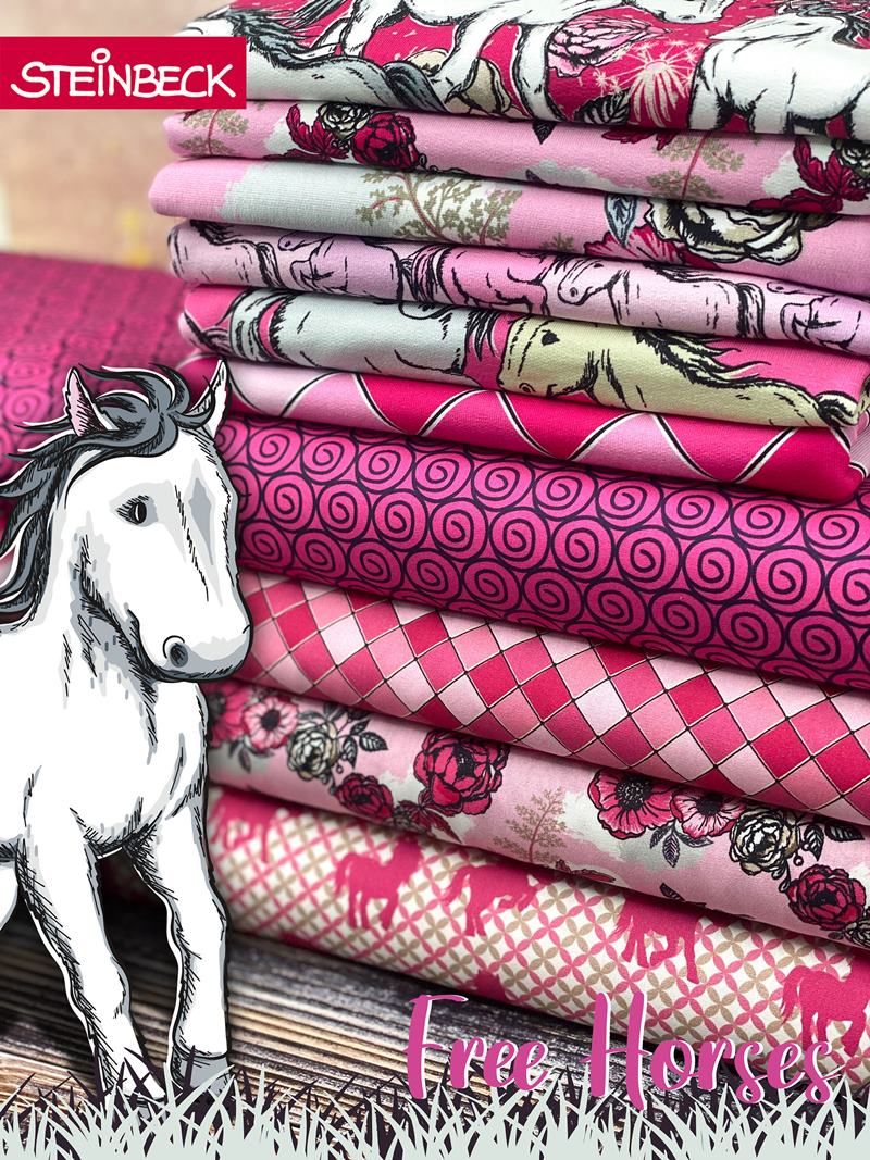 French Terry -  Sommersweat - Swafing - Free Horses by Steinbeck - Karomuster in Rosa und Pink