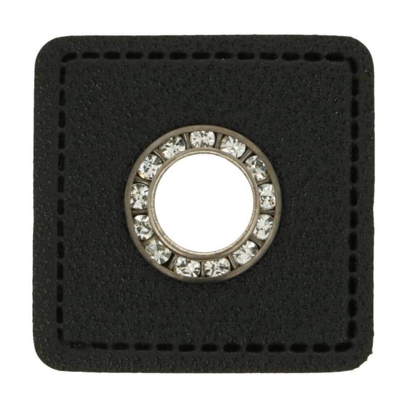 Kunstleder Ösen - Ösen Patches - Viereck Schwarz -11mm - Silber mit Strasssteine - 1 Stück