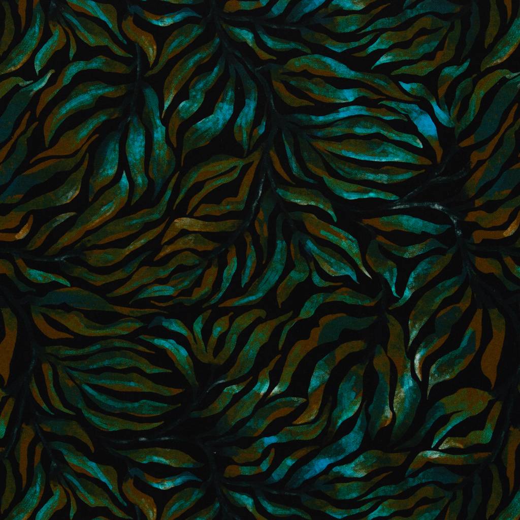 Swafing Baumwolljersey Luminoso by Bienvenido Colorido, abstraktes Blattmuster in Schwarz, Mint und Türkis, 95% Baumwolle 5% Elasthan, Vorbestellung 2026