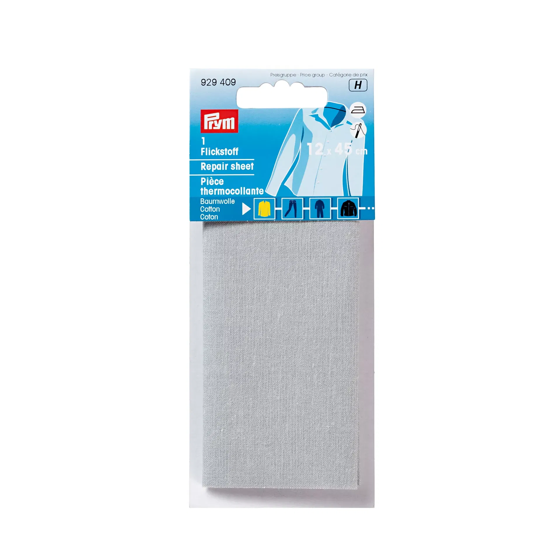 Prym Flickstoff in Grau – Aufbügelbares Reparatur-Gewebe aus 100% Baumwolle (12 x 45 cm) zum Ausbessern von Löchern und Rissen.