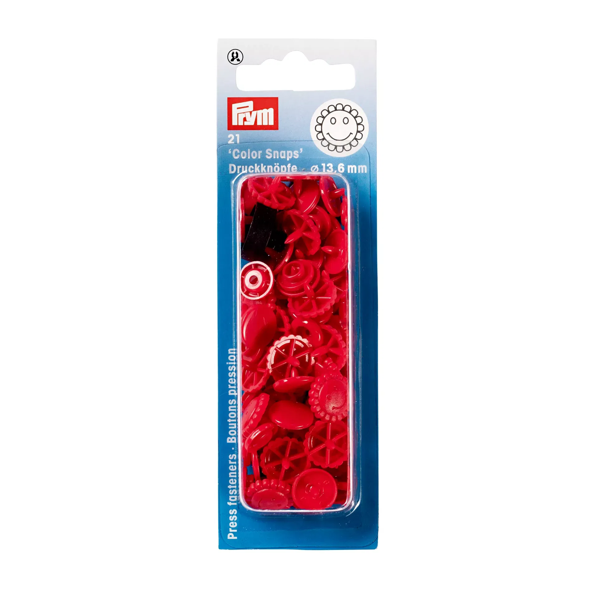 Prym Color Snaps Blume (393438) – Dekorative Druckknöpfe in Blumenform, Farbe Rot. 21 Stück, 13,6 mm Durchmesser. Hochwertige Kunststoff-Druckknöpfe für Kinderkleidung und Taschen.