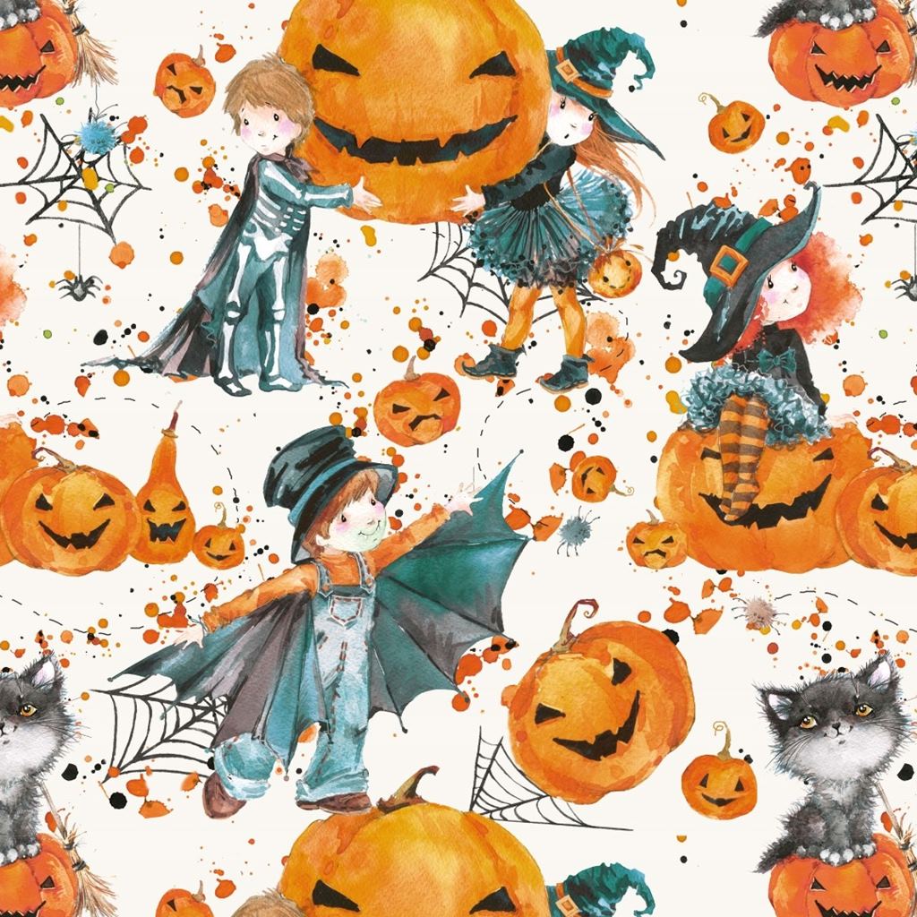 Baumwolljersey - Jersey Stoff - Motivjersey - Halloween - Hexen und Kürbisse auf Ecru Stoffrest 140cm